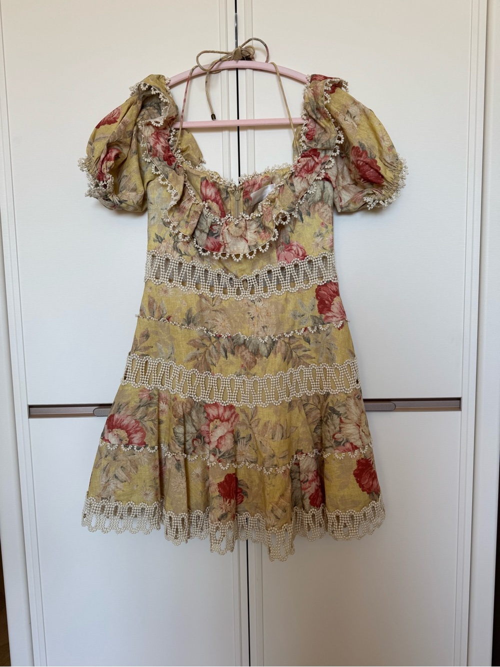 Zimmermann Yellow Floral Puff-Sleeve Lace-Trim Dress for Kids